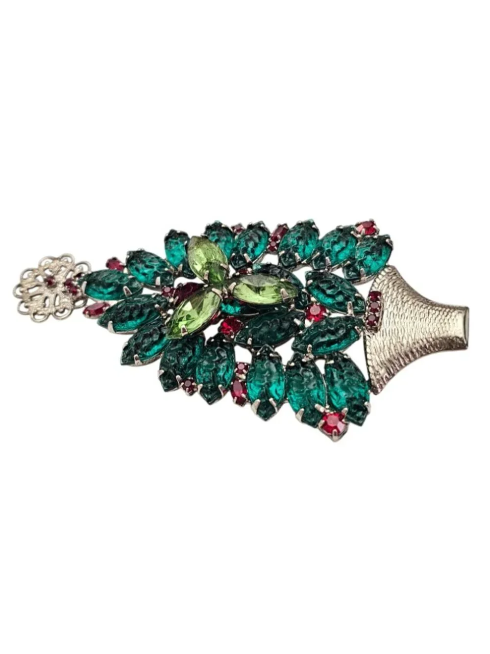 Green Rhinestone Christmas Tree Brooch Vintage Pin J841